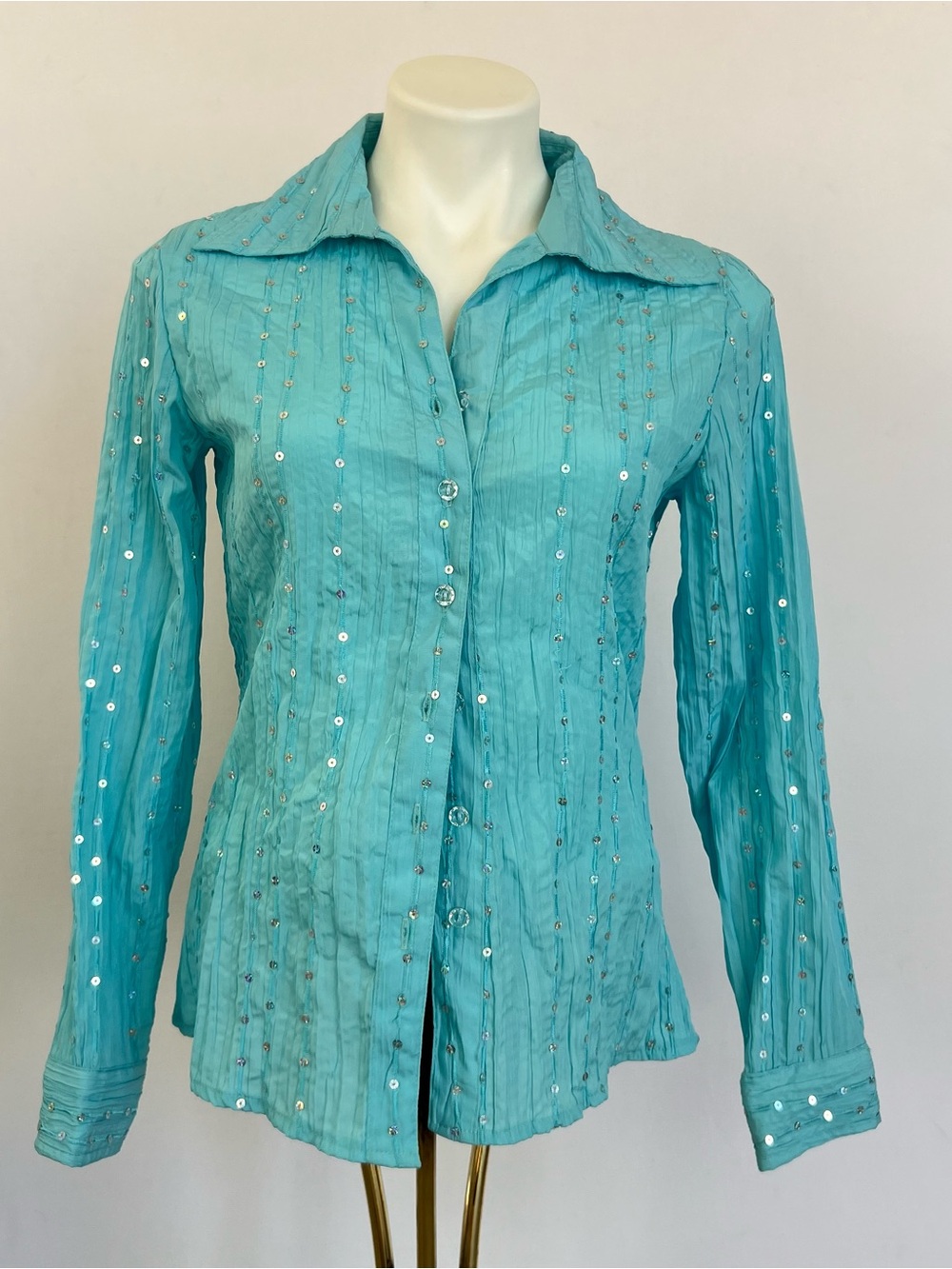 Vintage Y2K Blue Crinkle Textured Sequin Top Sz M Fairycore Sparkle Button Up
